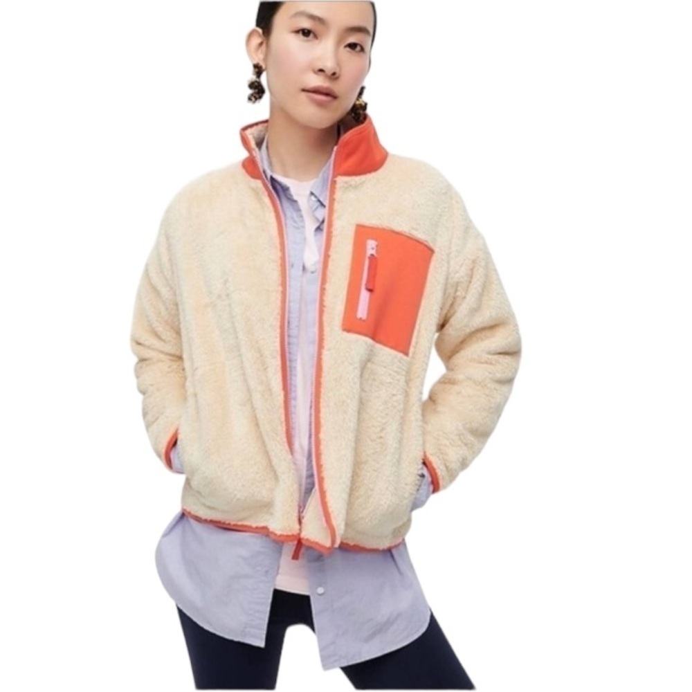 NEW J. Crew Weekend Superplush Sherpa Full-Zip Jacket in Colorblock Cream Orange - Picture 3 of 15